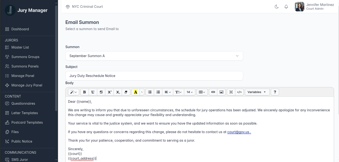 Send Emails & Texts to Jurors
